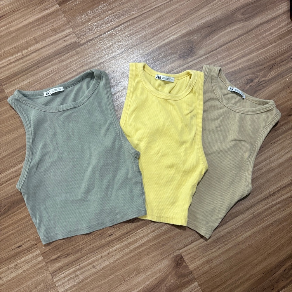 Set of 4 Zara Women’s Ribbed Tank Tops - Yellow, green, tan, gray